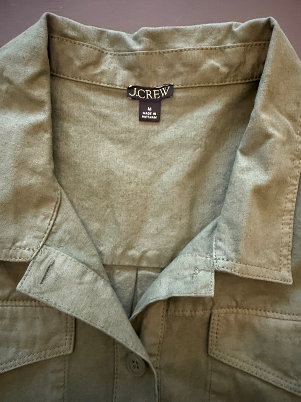J.Crew Popover Cropped Shirt Sz M Cotton Linen Blend Green Denim Utility Boxy - Picture 5 of 10